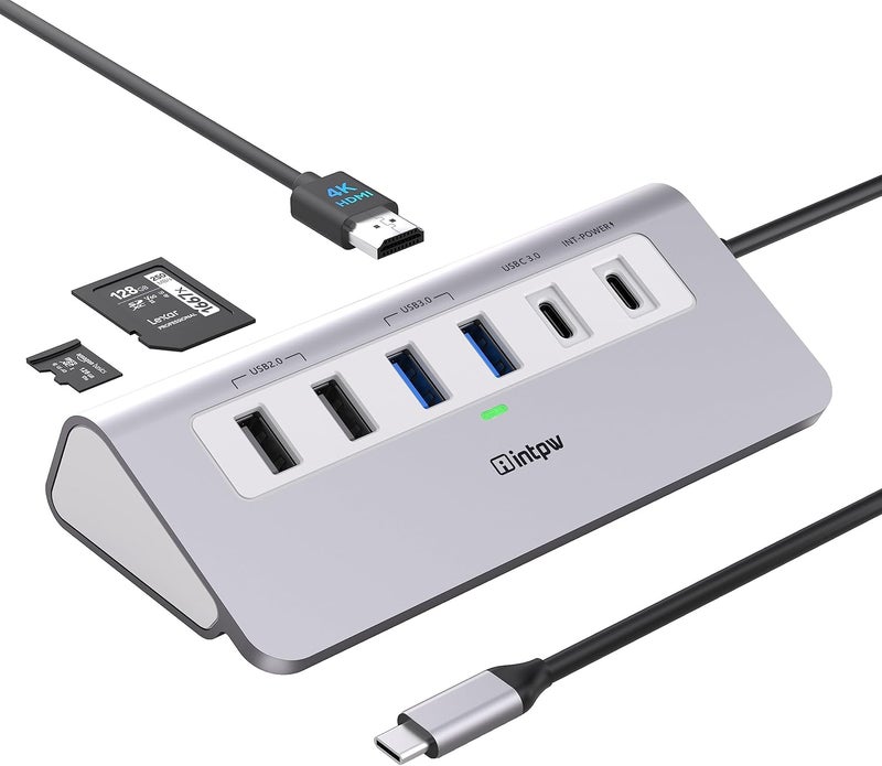intpw P9 USB C Hub, 9-in-1 USB C Hub Multiport Adapter with 4K HDMI, PD 100W, Type-C & 2 USB A 3.0 5Gbps, 2 USB A 2.0, SD/TF Card Reader, Aluminum USB Hub for Laptop, iPhone 17 Series, MacBook, iPad - Image 1